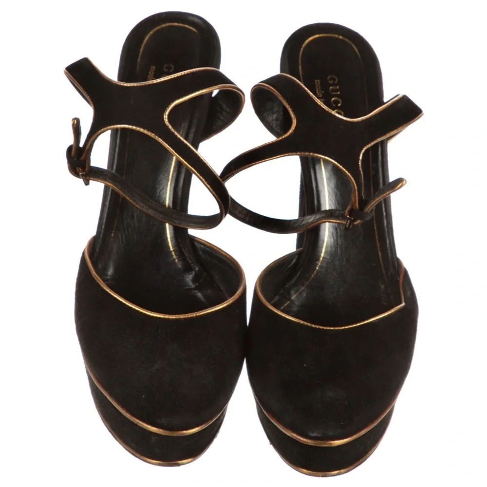 Gucci Black Suede w/ Gold Piping Huston Ankle Strap Platform Pumps​